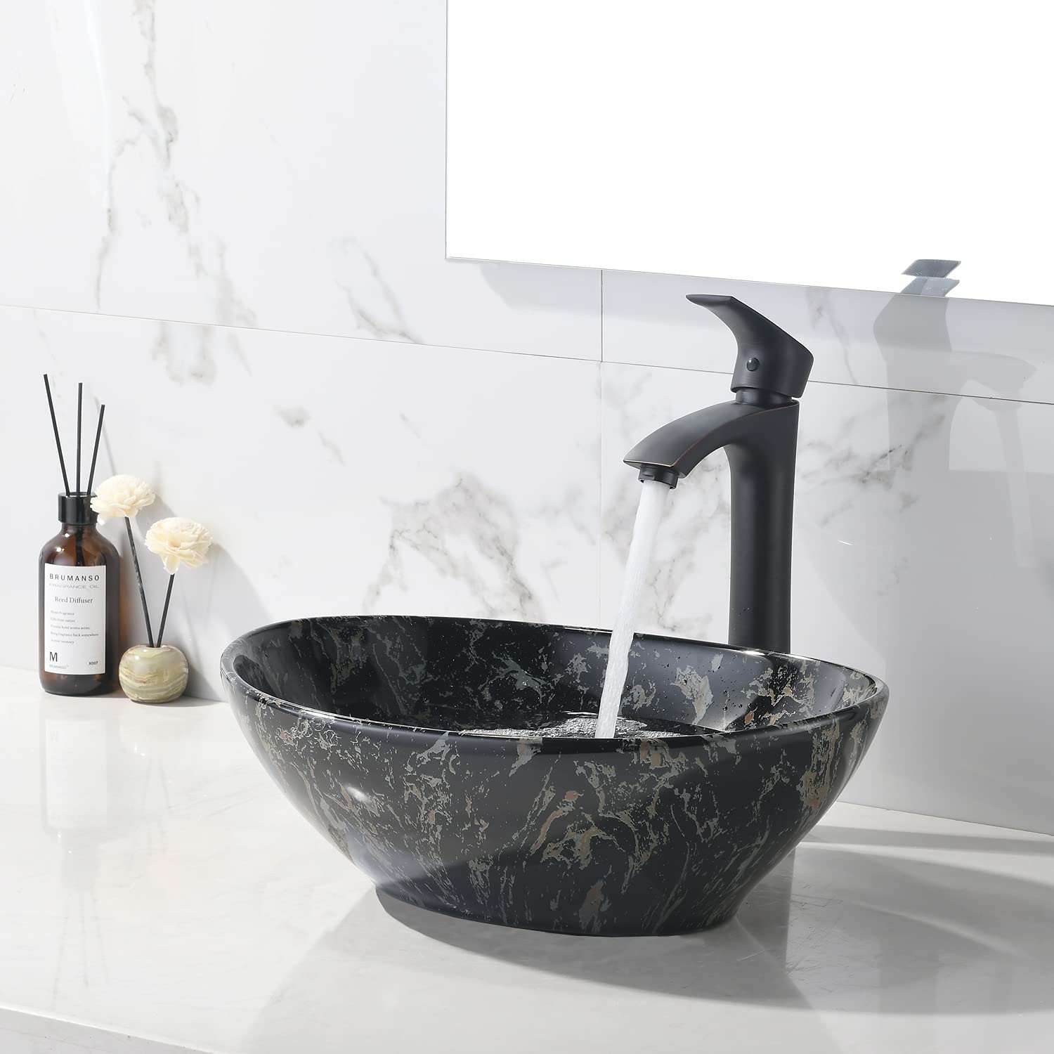 VOKIM Oval Marble Ceramic Vessel Sink and Faucet Combo -16" x 13" Modern Egg Shape Above Counter Bathroom Vanity Bowl