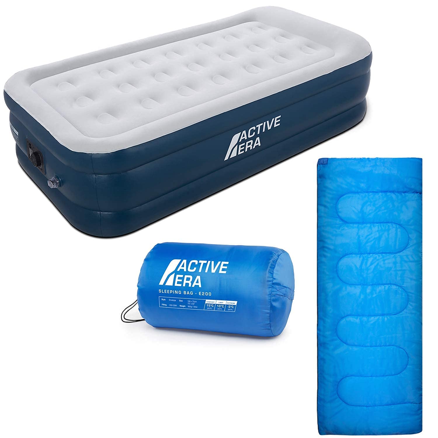 Active Era Overnight Bundle Twin Air Mattress and 3 Season Sleeping Bag - Elevated Inflatable Mattress with Built in Pump and Raised Pillow & Lightweight, Compact Sleeping Bag and Blanket