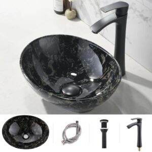 vokim oval marble ceramic vessel sink and faucet combo -16" x 13" modern egg shape above counter bathroom vanity bowl