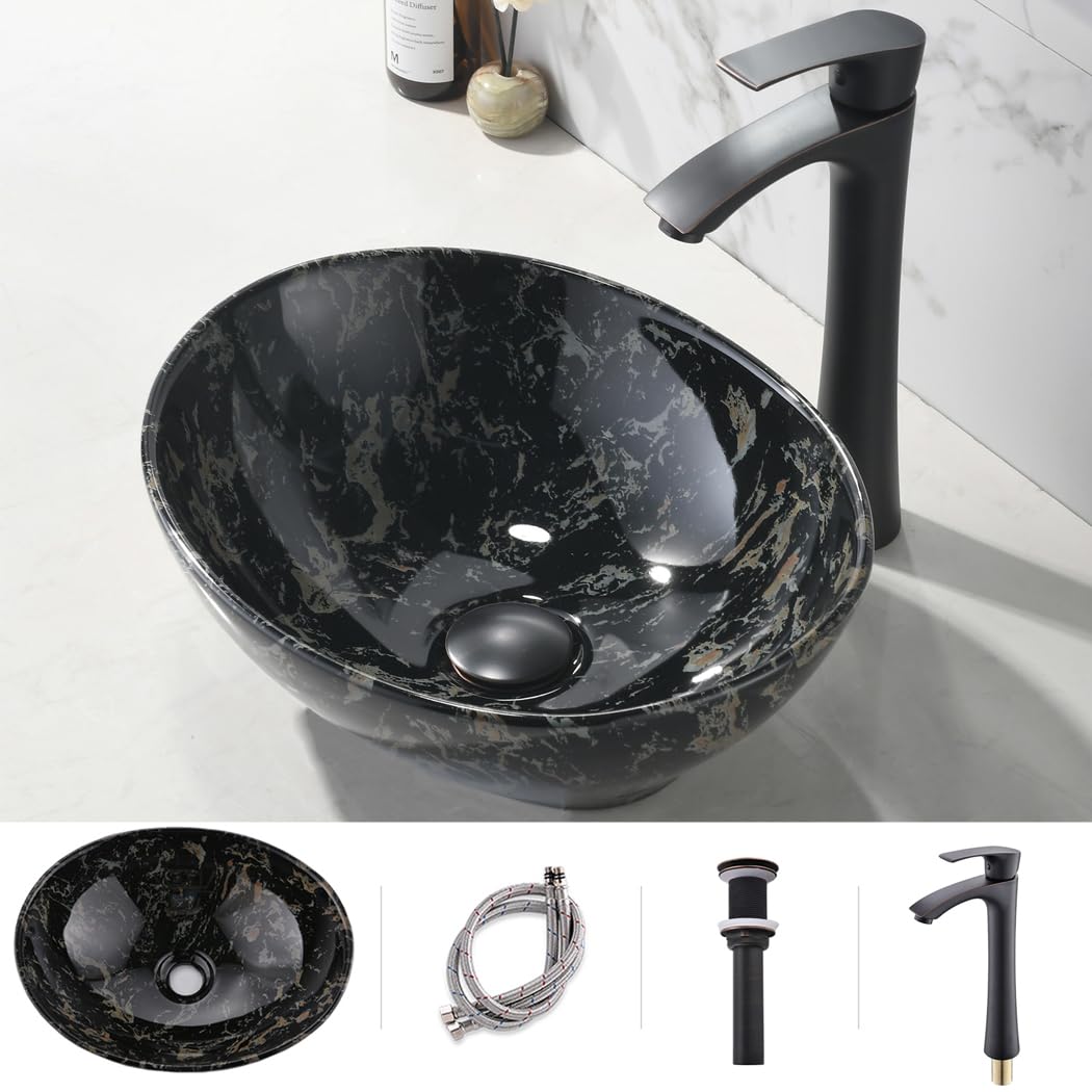 VOKIM Oval Marble Ceramic Vessel Sink and Faucet Combo -16" x 13" Modern Egg Shape Above Counter Bathroom Vanity Bowl