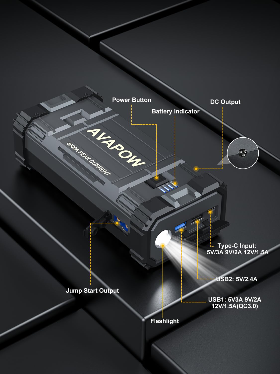 AVAPOW Car Jump Starter, 4000A Peak Battery (for All Gas or Up to 10L Diesel), Portable Booster Power Pack, 12V Auto Jump Box with LED Light, USB Quick Charge 3.0