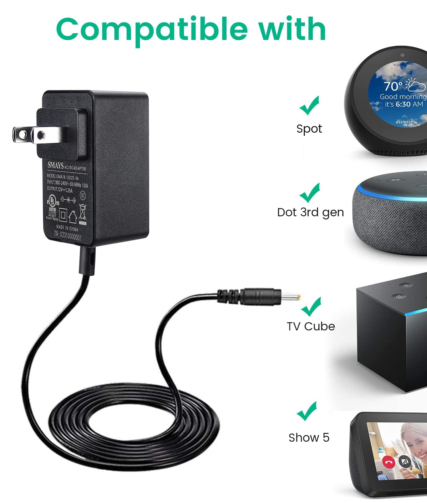 15W Power Cord Replacement for Alexa Echo Dot 3rd Gen / 4th Gen, Echo Show 5 1st Gen / 2nd Gen, Dot with Clock, Dot Kids Edition, Fire TV Cube, DC Charger Adapter with 5ft Cable