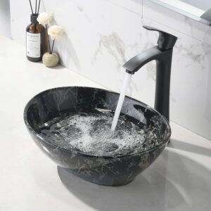 VOKIM Oval Marble Ceramic Vessel Sink and Faucet Combo -16" x 13" Modern Egg Shape Above Counter Bathroom Vanity Bowl