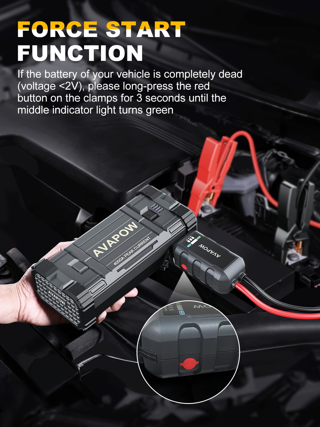 AVAPOW Car Jump Starter, 4000A Peak Battery (for All Gas or Up to 10L Diesel), Portable Booster Power Pack, 12V Auto Jump Box with LED Light, USB Quick Charge 3.0