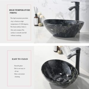 VOKIM Oval Marble Ceramic Vessel Sink and Faucet Combo -16" x 13" Modern Egg Shape Above Counter Bathroom Vanity Bowl