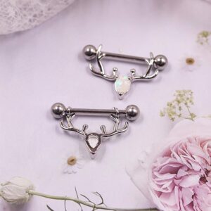 CHARM ONLINE 2PCS 14G 316L Stainless Steel Opal Nipple Rings Deer Head Nipple Barbell Nipple Piercings Jewelry for Women (silver)