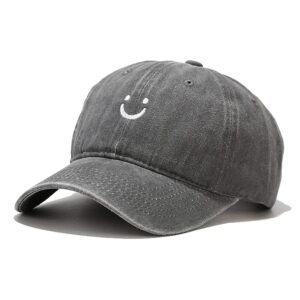 smile face baseball cap vintage distressed low profile unstructured cotton dad hat adjustable for women men (grey)