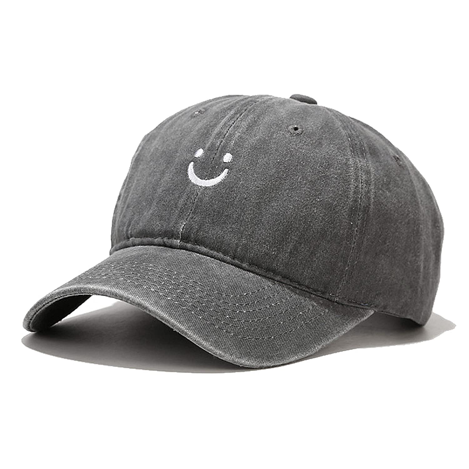 Smile Face Baseball Cap Vintage Distressed Low Profile Unstructured Cotton Dad Hat Adjustable for Women Men (Grey)