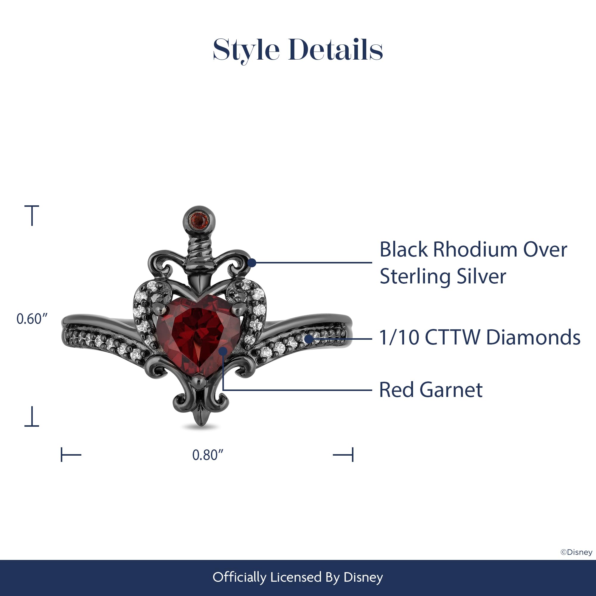 Jewelili Enchanted Disney Fine Jewelry Black Rhodium over Sterling Silver with 1/10 Cttw Diamonds and Red Garnet Evil Queen Dagger Ring, Size 9