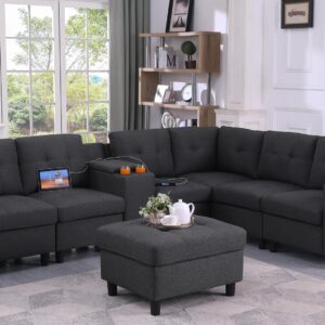 asunflower Sectional Sofa Ottoman Set Modular Couch with Console Cup Holder,6 Seater Modern Sectional Couches for Livning Room Corner L Shape Fabric Sofa Couch with Charge Ports, Dark Grey