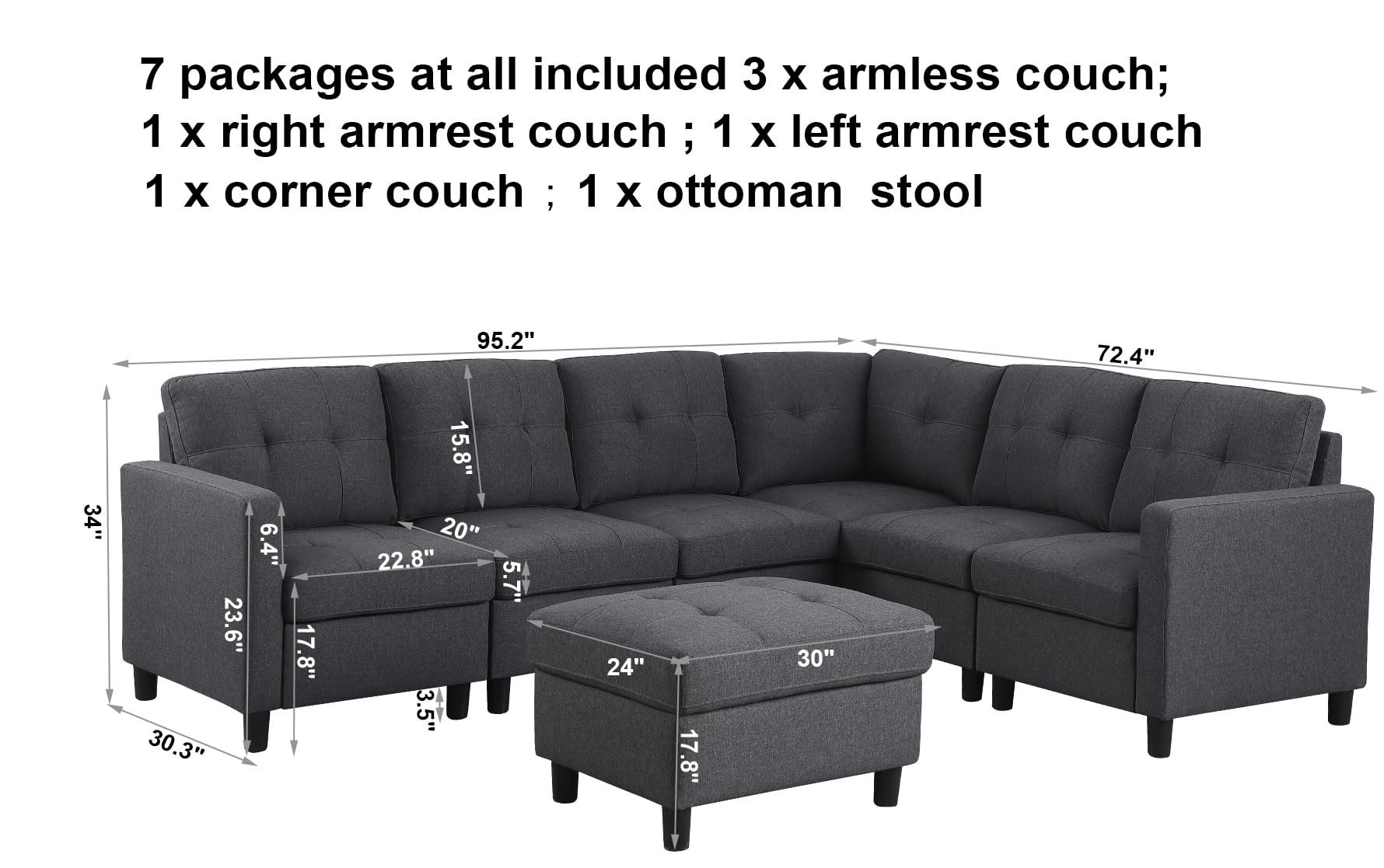 asunflower Sectional Sofa Ottoman Set Modular Couch with Console Cup Holder,6 Seater Modern Sectional Couches for Livning Room Corner L Shape Fabric Sofa Couch with Charge Ports, Dark Grey