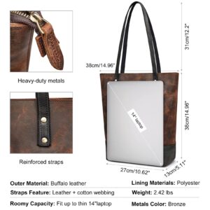 S-ZONE Leather Tote Bag for Women Genuine Leather Shoulder Purse Vintage Handbag Two Tone with a Luggage Sleeve