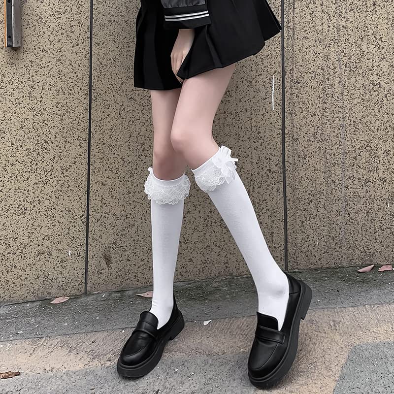 CAT KO Women Soft Knee High Socks Lovely & Cute Solid color Lace Ruffle Girls socks for Lolita ONLY TRUE SOLD (WHITE)