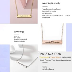 MRENITE 10k 14k 18k Solid Yellow Gold Personalized Horizontal Bar Necklace – Engravable Blessings Letters Nameplate Bar Pendant - Custom Any Name Gift for Women (Slim Bar)