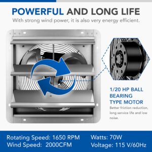 iPower 14 Inch Shutter Exhaust Fan Aluminum High Speed 1600RPM, 2000 CFM, Silver, with Adjustable Programmable Thermostat