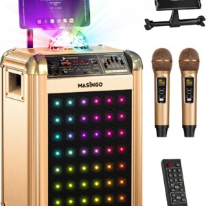 MASINGO Karaoke Machine for Adults and Kids with 2 Bluetooth Wireless Microphones. Portable Singing PA Speaker System with Disco Ball Party Lights, Lyrics Display Tablet Holder & TV Cable. Soprano X1