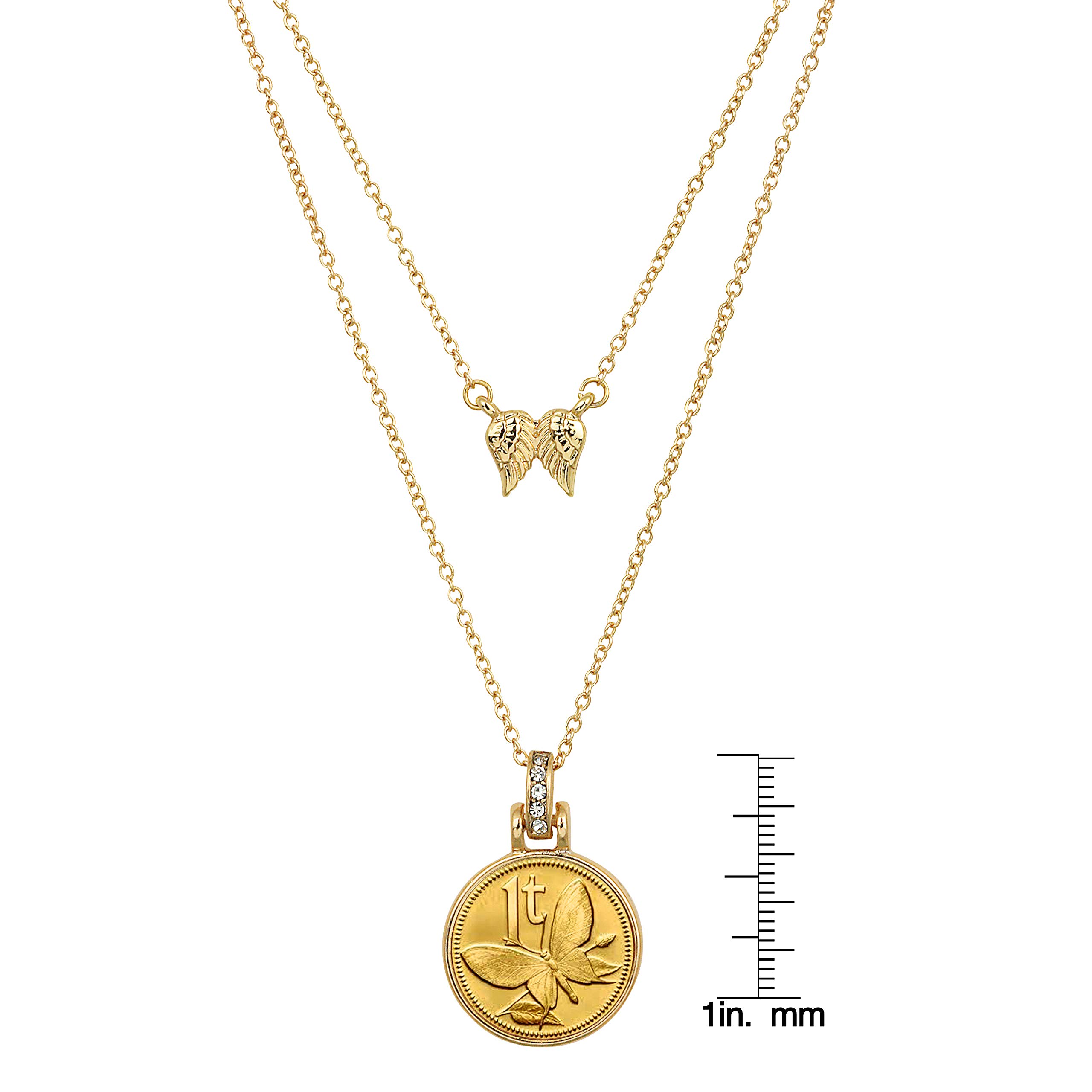 Coin Necklace Angel Wings Double Cable Chain– Genuine Butterfly One Toea | Goldtone 18” and 16” Chain Lobster Claw Clasp | Certificate of Authenticity