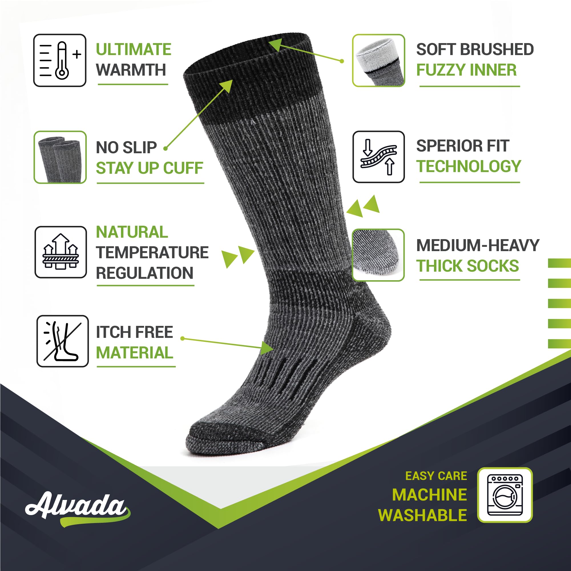 Alvada Warm Thermal Wool Socks for Winter Moisture Wicking and Breathable Cozy Boot Socks Charcoal SM