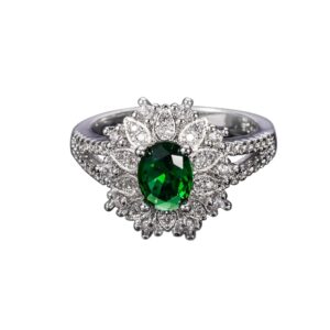 GUIDECUN Silver Plated Oval Cut Created Emerald May Birthstone Ring with Shining White Cubic Zirconia Simulated Diamond Halo (US size 10)