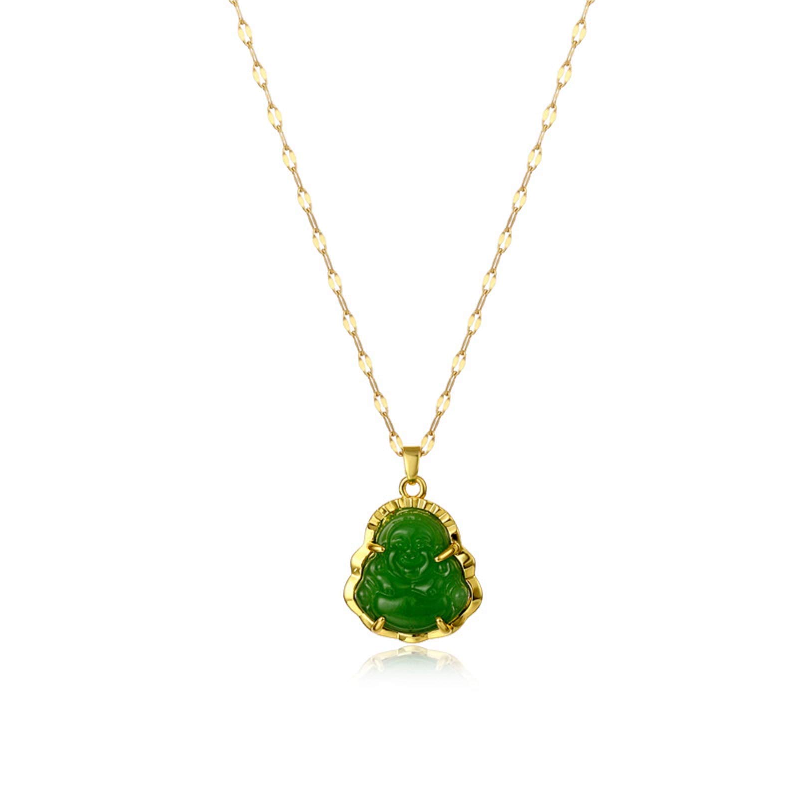 COLORFUL BLING 18k Gold Plated Laughing Buddha Pendant Necklace Green Jade Cubic Zirconia Gemstone Lucky Amulet Jewelry for Women Men-Green 2