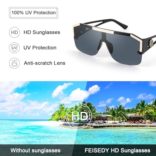 FEISEDY Women Men Sunglasse Square Flat Top Big Frame UV400 Sun Glasses Oversized B2765