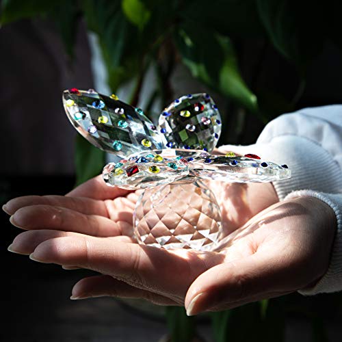 QFkris Large Crystal Butterfly 4'' Width Glass Figurines Collectibles with Crystal Ball Base Cut Glass Ornament Statue Animal Collectible