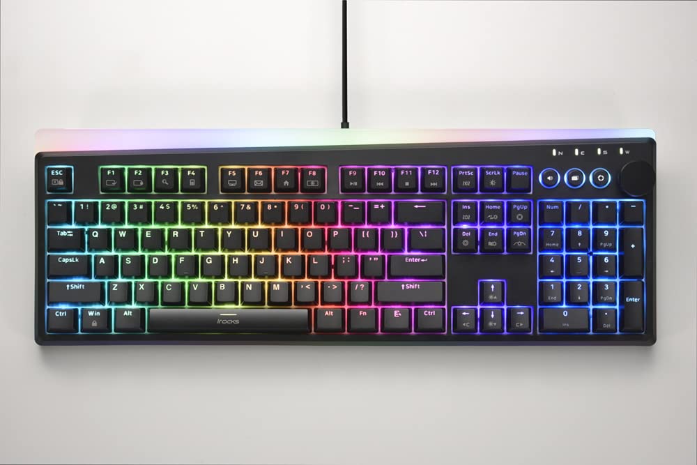 i-rocks K71M RGB Mechanical Gaming Keyboard with Media Control Knob, Gateron Switches (Brown), 107 Keys w/Full NKRO, PBT Keycaps, Multimedia Hotkeys, Detachable USB-C Cable and Onboard Storage, Black