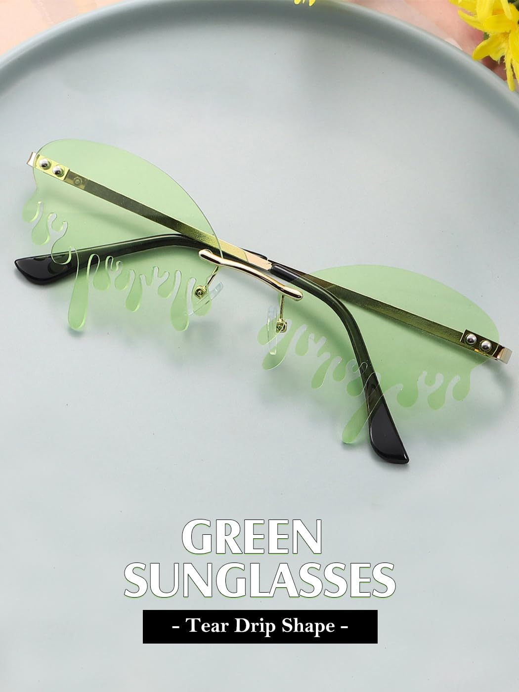 GEMILY Fashion Green Sunglasses Tear Dripping Glasses Novelty Shape Flame Outdoor Eyewear Oval Festival sunglasses for Women and Girls