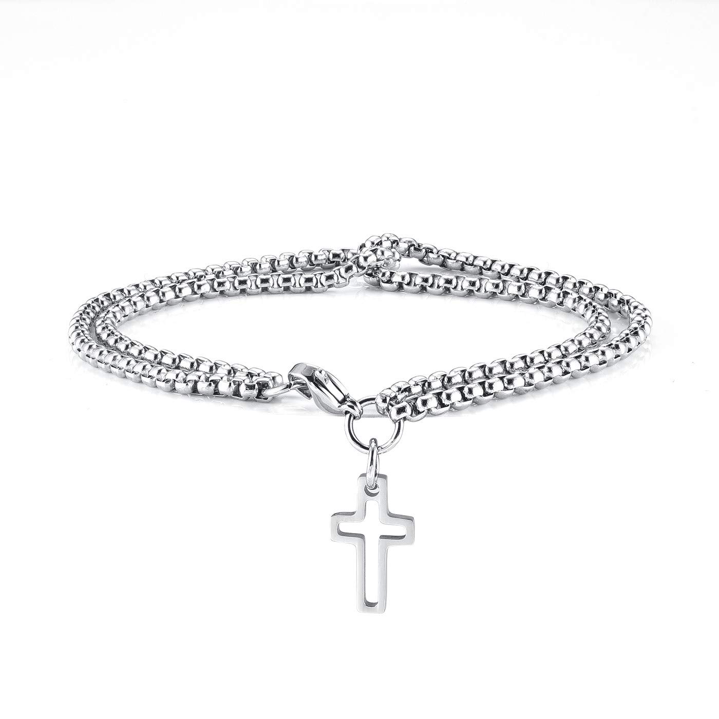 BOPREINA Double Strand Rolo Chain Bracelet with Cross Charm Stainless Steel Cross Dangle Pendant Cable Chain Link Bracelet for Men Women