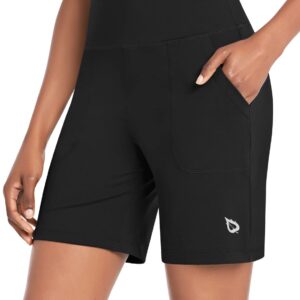 BALEAF Women's 7" Athletic Long Shorts High Waisted Running Bermuda Shorts with Pockets Black X-Large