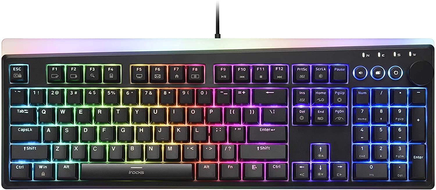 i-rocks K71M RGB Mechanical Gaming Keyboard with Media Control Knob, Gateron Switches (Brown), 107 Keys w/Full NKRO, PBT Keycaps, Multimedia Hotkeys, Detachable USB-C Cable and Onboard Storage, Black