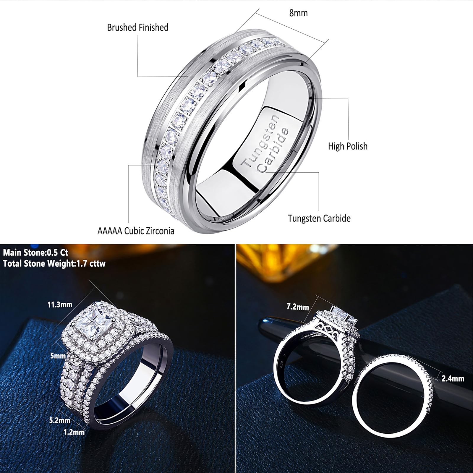 Newshe Wedding Rings Set for Him and Her Women Mens Tungsten Bands Princess Cz 2.3Ct Sterling Silver 8&10