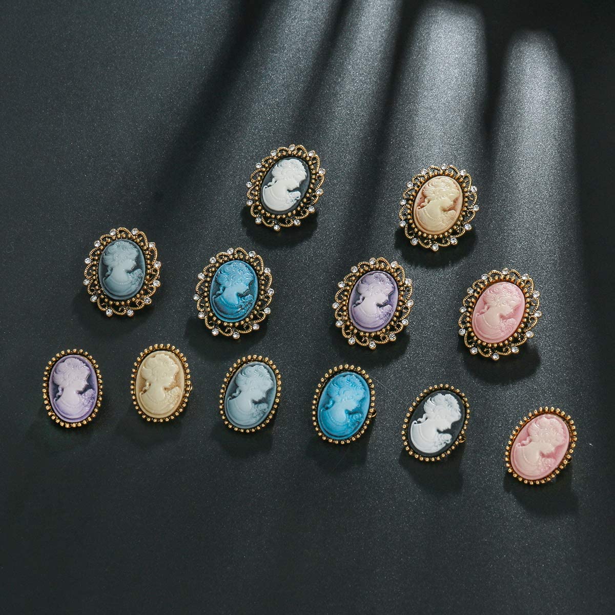 MEEDOZ Women's Lot 24pcs Multicolor Crystal Rhinestone Vintage Victorian Cameo Flower Brooch Pin Set (Multicolor 24pcs)