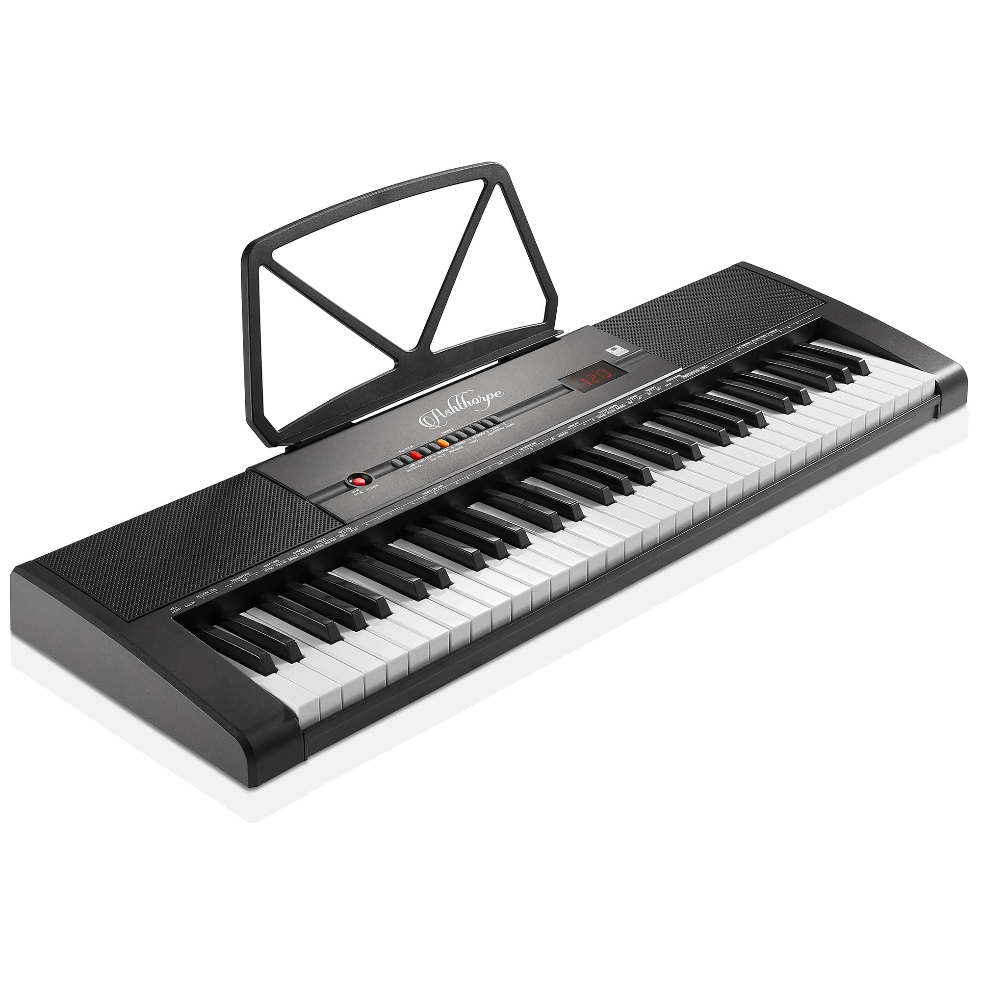 Ashthorpe 61-Key Digital Electronic Keyboard Piano with Light Up Keys, Includes Stand, Bench, Headphones, Mic and Keynote Stickers