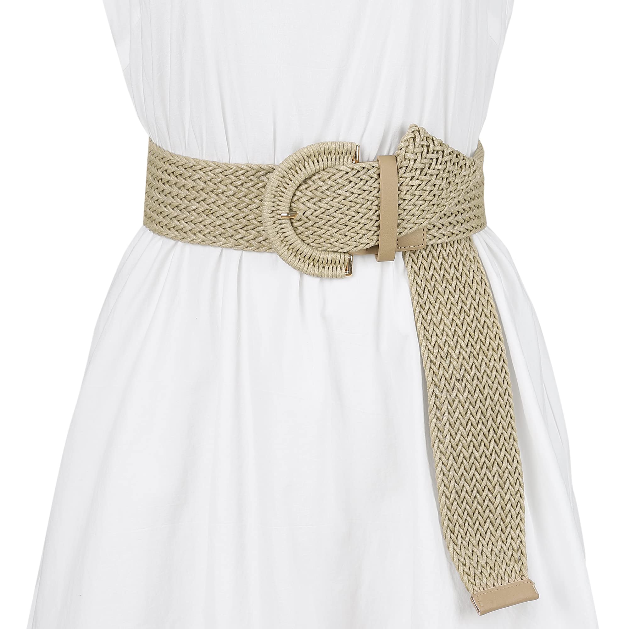 Allegra K Womens Wide Woven Waist Belts Braided Belts for Dress Chunky Buckle 60-90cm/23.62-35.43" Beige