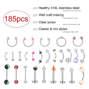 Ubjuliwa 185pcs Body Piercing Jewelry for All Piercings, Tongue Nipple Rings Eyebrow Lip Belly Button Barbell Nose Piercing Tragus Navel Body Jewelry for Women Piercings 14g-18g