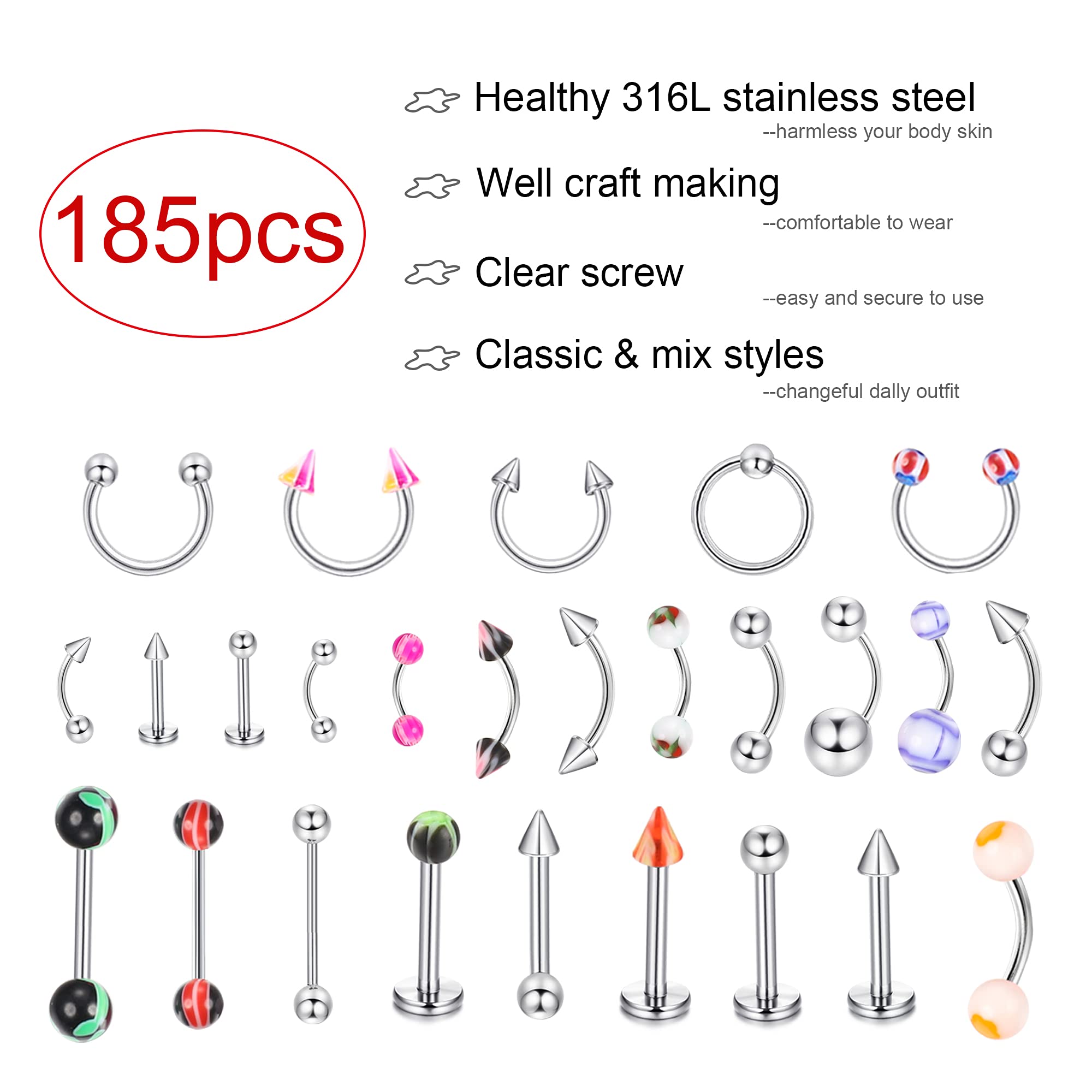 Ubjuliwa 185pcs Body Piercing Jewelry for All Piercings, Tongue Nipple Rings Eyebrow Lip Belly Button Barbell Nose Piercing Tragus Navel Body Jewelry for Women Piercings 14g-18g