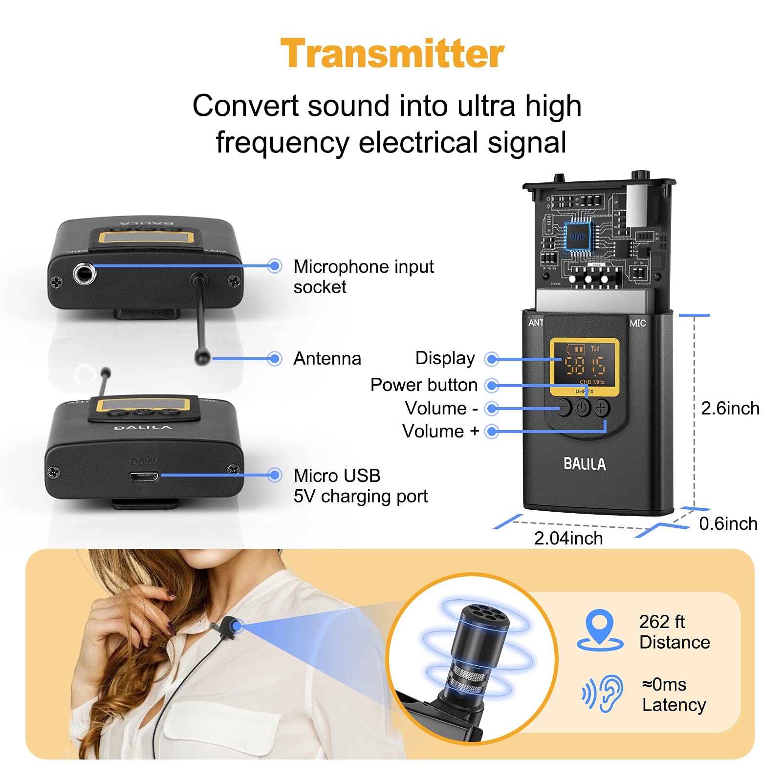 BALILA Wireless Lavalier Microphone System UHF Dual Lavalier Mic Lapel Microphone for iPhone/Android, DSLR Camera Microphone Real-time Audio Monitor Recording Vlog (2T1R)