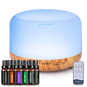 yikubee oil diffuser with essential oils set, 500ml essential oil diffuser, 6x10ml essential oils for diffusers for home, aromatherapy humidifier, diffusers for essential oils large room