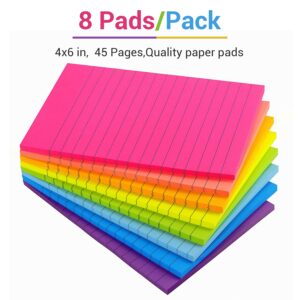 Tamak 4x6 Lined Sticky Notes Bright Ruled Post Stickies Strong Adhesive Memo Pads, 8 PadsPack, 45 SheetsPad (Multicolor-4x6), 111