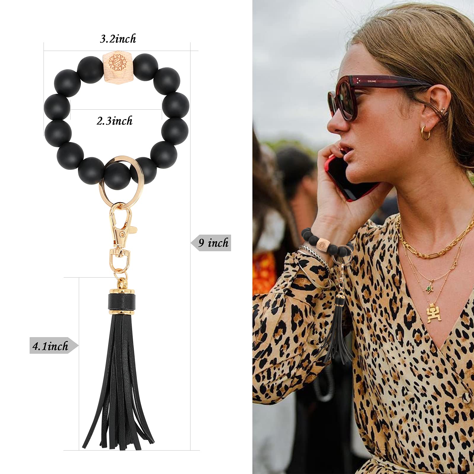 XquiziFit Keychain Bracelet Elastic Silicone Beaded Wristlet Bangle Car Keys Wallet Holder Chains for Women Black