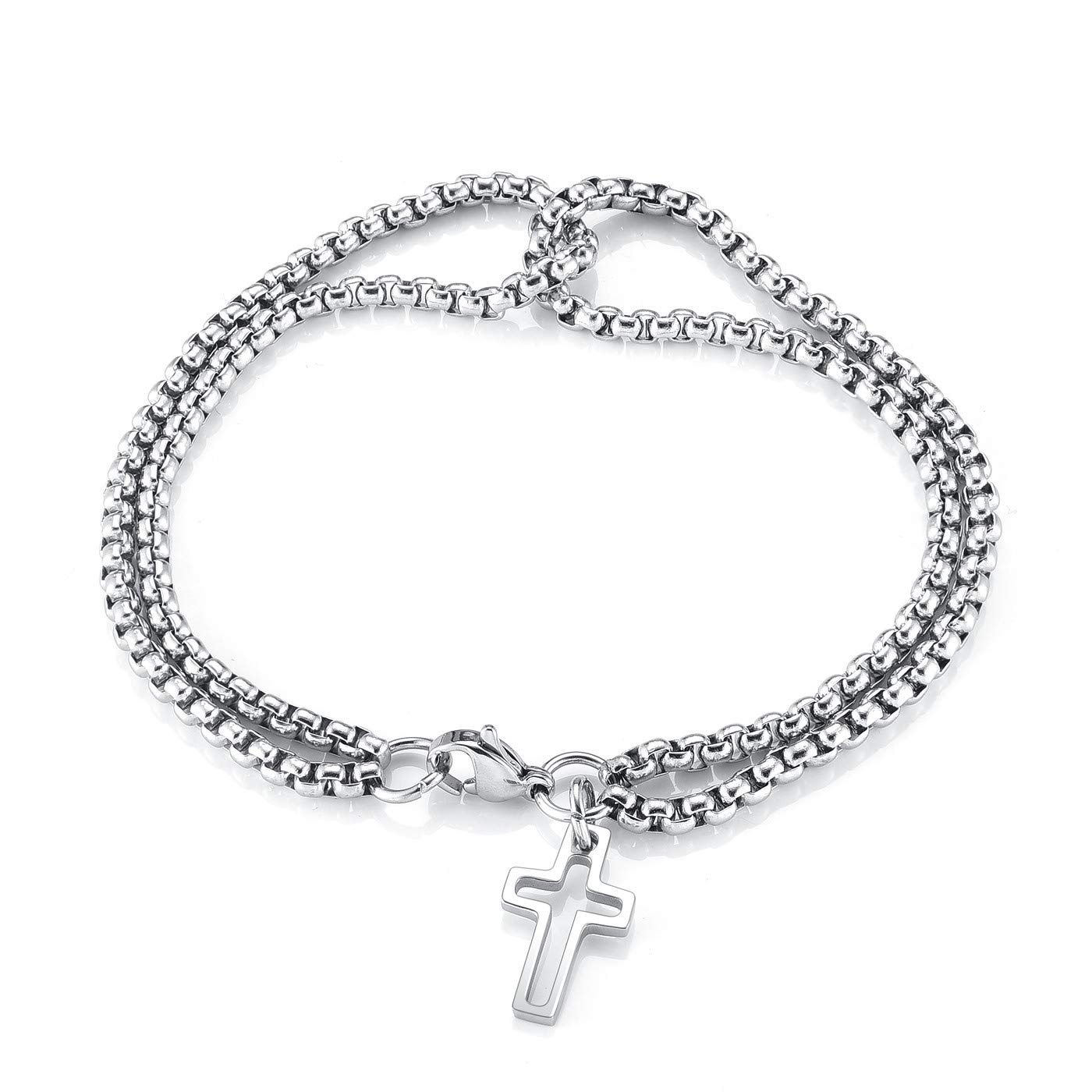 BOPREINA Double Strand Rolo Chain Bracelet with Cross Charm Stainless Steel Cross Dangle Pendant Cable Chain Link Bracelet for Men Women