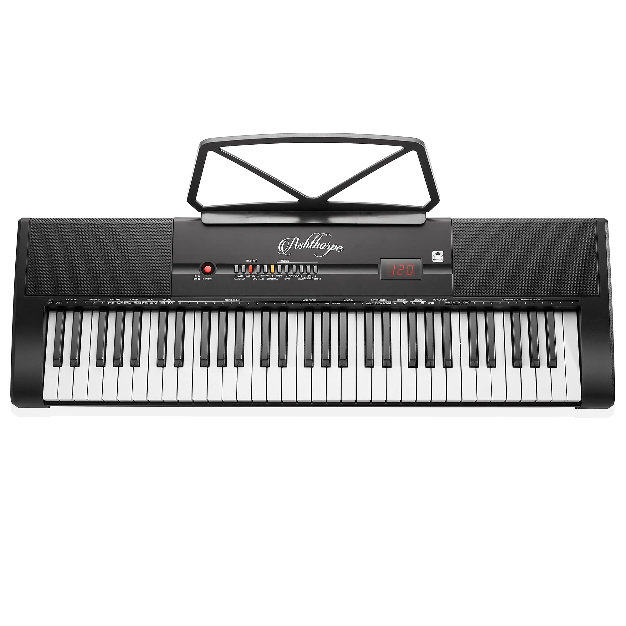 Ashthorpe 61-Key Digital Electronic Keyboard Piano with Light Up Keys, Portable Beginner Kit Includes Headphones, Mic and Keynote Stickers