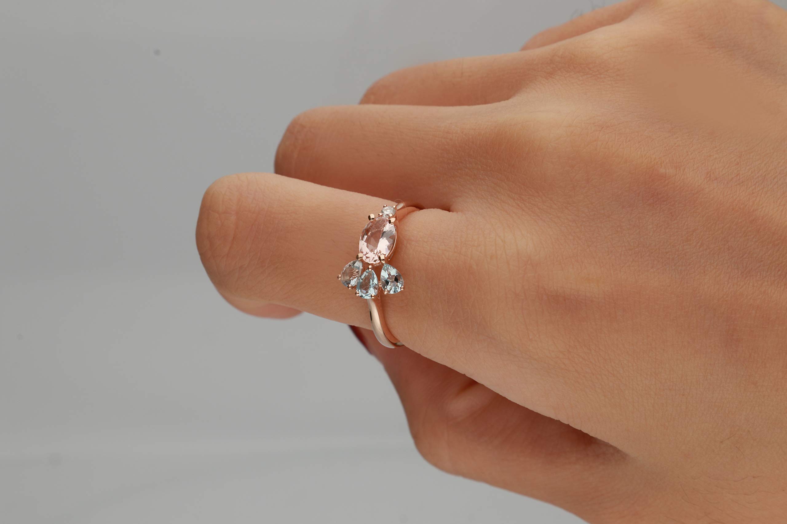 Gin & Grace 10K Rose Gold Genuine Aquamarine & Morganite Ring with Diamonds for Women | Ethically, authentically & organically sourced (Oval & Pear) Shaped Aquamarine Hand-Crafted Jewelry for her