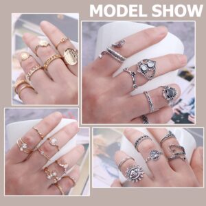 JOERICA 92Pcs Knuckle Rings Set for Women Vintage Boho Aesthetic Rings Pack Stackable Midi Joint Finger Rings Gold and Silver Tone Rings for Women Set