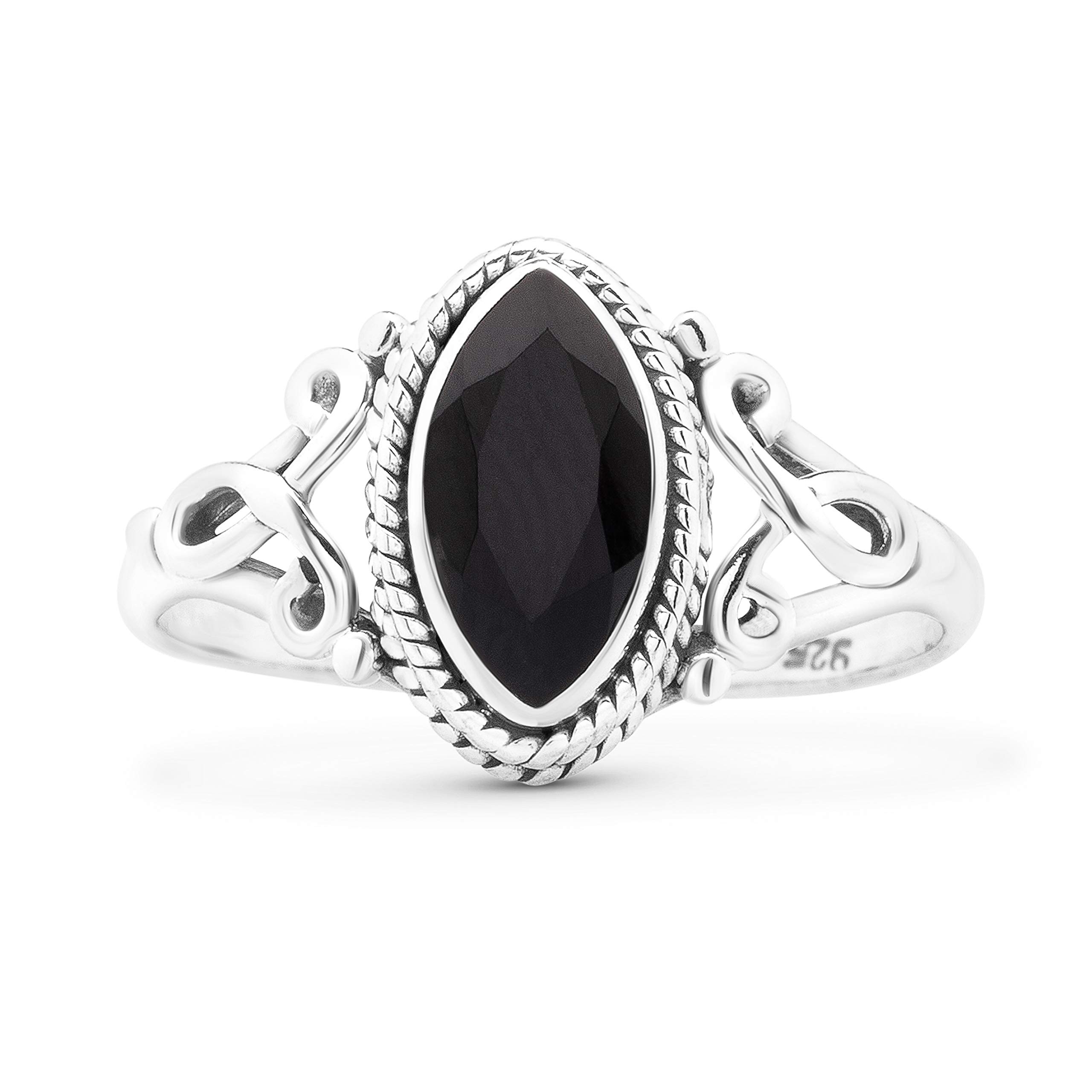 Koral Jewelry Cut Marquise Black Onyx Ethnic Delicate Ring 925 Sterling Silver Vintage Tribal Gipsy Boho Look (5)