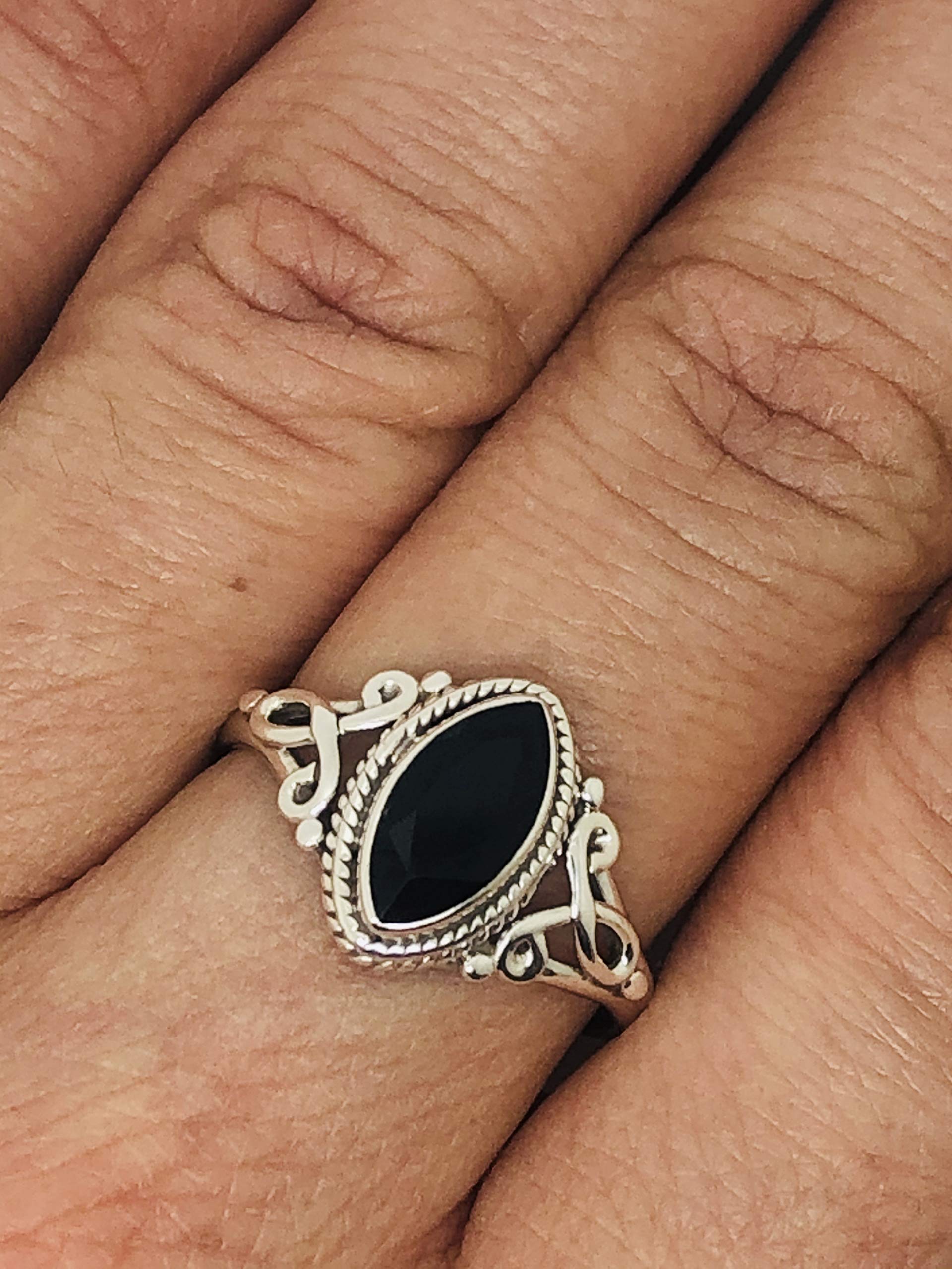 Koral Jewelry Cut Marquise Black Onyx Ethnic Delicate Ring 925 Sterling Silver Vintage Tribal Gipsy Boho Look (5)