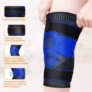 ZJMQJ Knee Compression Sleeve Support, Professional Knee Brace With Patella Gel Pad & Side Spring Stabilizers, Double Adjustt Straps, Medical Grade Knee Protector For Large Blue