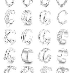 LOYALLOOK 20PCS Ear Cuff Earrings Set Adjustable for Women Stainless Steel Non-Piercing Cartilage Clip On Wrap Earring Fake Helix Cartilage Cuffs Fake Lip Nose Ring Silver Tone