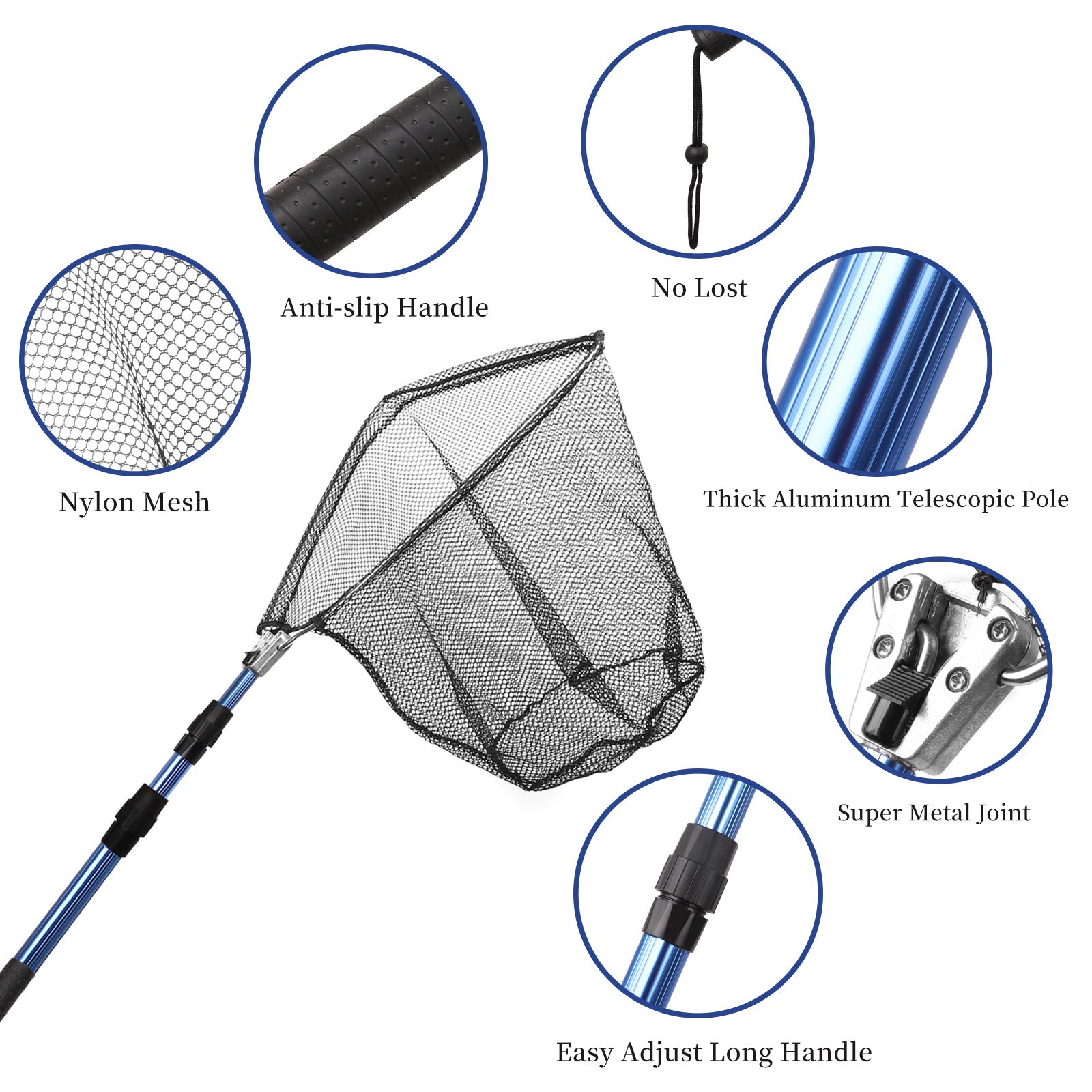 Blue Billow Fishing Net with Long Robust Telescopic Handle for Freshwater and Saltwater,Extend to 50.8 Inch,Foldable Nylon Mesh Landing Net